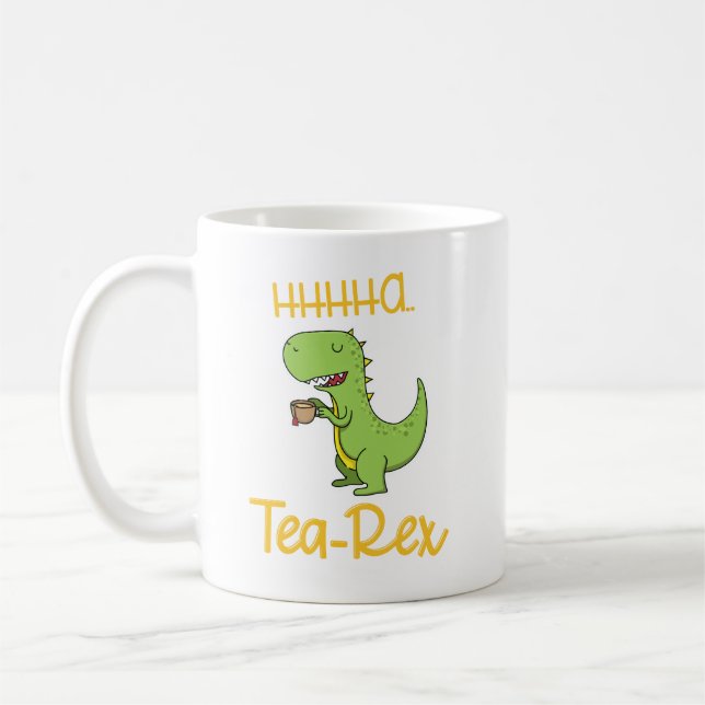 Funny Dinosaur Drinking Tea Rex Tyrannosaurus Coffee Mug (Left)