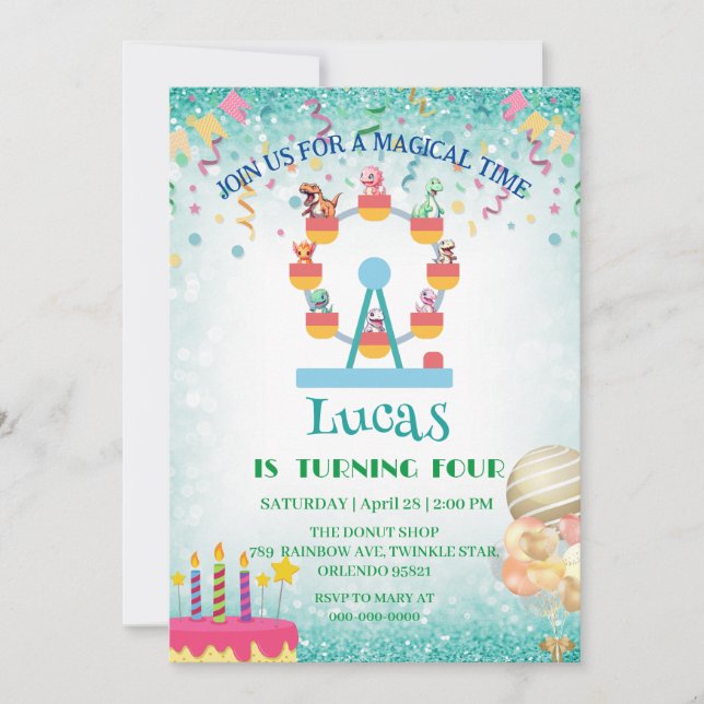 Funny dinosaur Ferris wheel Birthday party DIY Nam Invitation (Front)