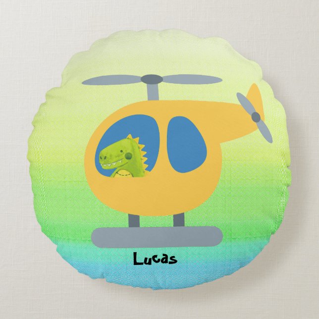 funny dinosaur flying  yellow helicopter party round cushion (Front)