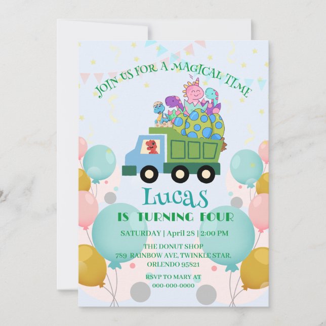 Funny dinosaur Garbage truck Birthday party Name Holiday Card (Front)