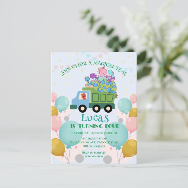 Funny dinosaur Garbage truck Birthday party Name Postcard (Standing Front)