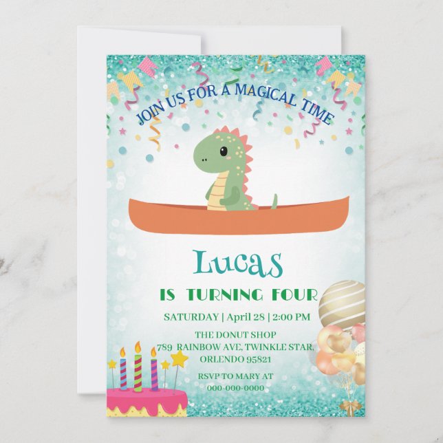 Funny dinosaur Kayak Kids Birthday party DIY Name  Invitation (Front)