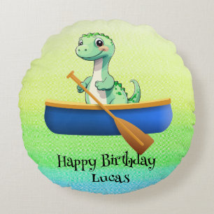 Funny dinosaur Kayak sailing Birthday party Round Cushion