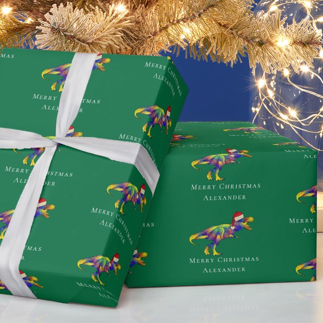 Funny Dinosaur Merry Christmas Personalised  Wrapping Paper (Funny christmas T-Rex colorful dinosaur personalized boy name green holiday gift wrapping paper)