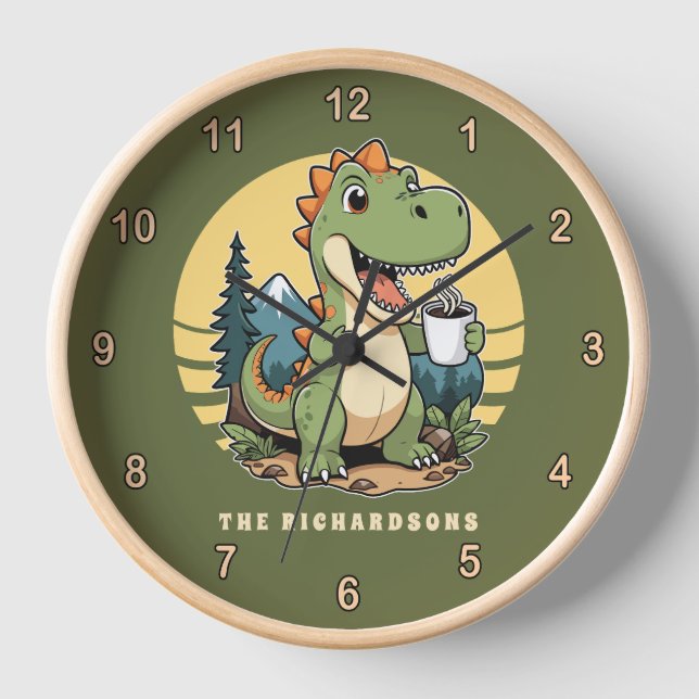 Funny Dinosaur Outdoor Explorer Family Name Clock (Front)