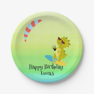 Funny dinosaur Paraglider Board School party kids Paper Plate