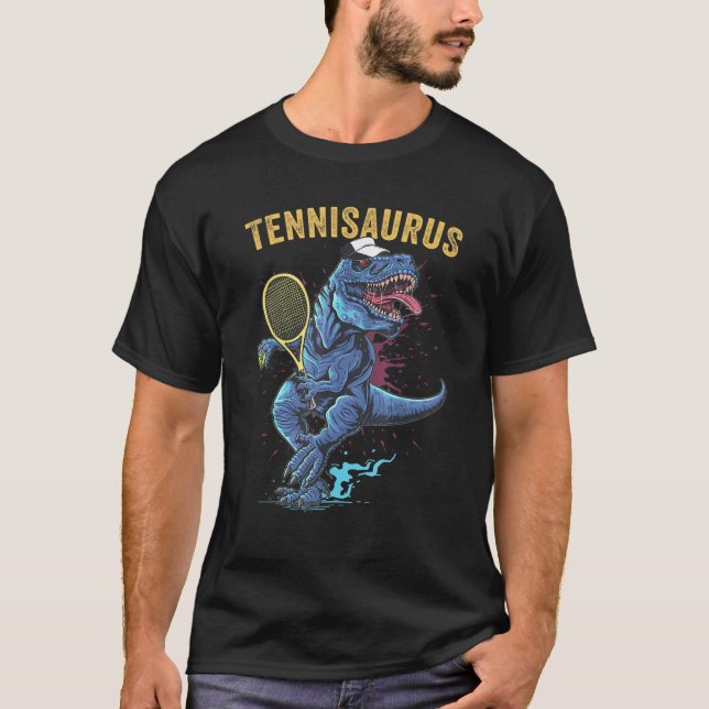 Funny Dinosaur playing Tennis Retro Style Tennisau T-Shirt (Front)
