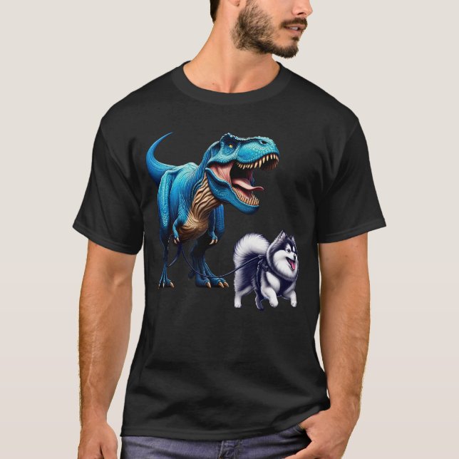 Funny Dinosaur Pomsky Walking Dog Lover T-Shirt (Front)