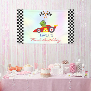 Funny Dinosaur racing car boy kids Birthday party Banner
