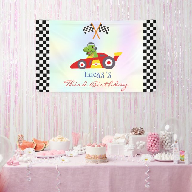 Funny Dinosaur racing car boy kids Birthday party Banner (Party)