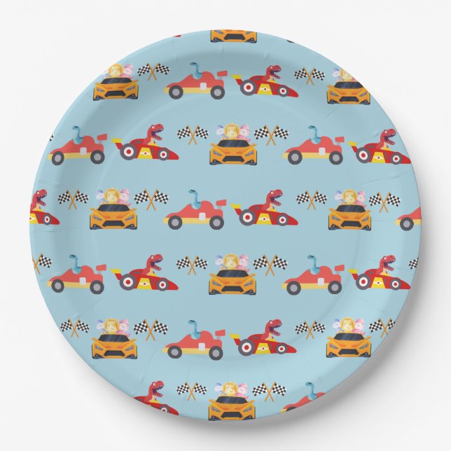 Funny Dinosaur racing car boy kids Birthday party Paper Plate (Front)