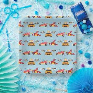 Funny Dinosaur racing car boy kids Birthday party Paper Plate