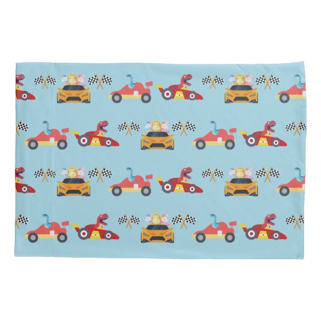 Funny Dinosaur racing car boy kids Birthday party Pillowcase (Back)