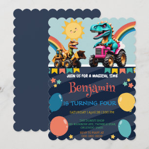 Funny dinosaur rainbow truck balloon Birthday boys Thank You Card