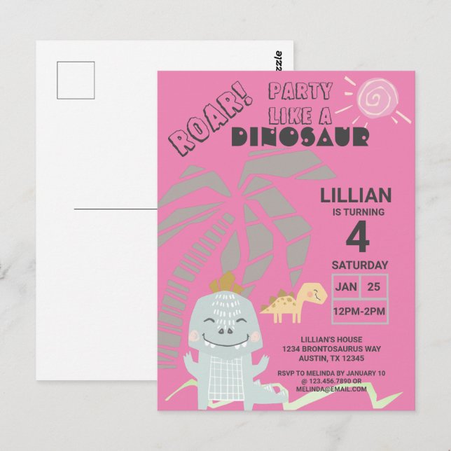 Funny Dinosaur Roar Kids Birthday Party Invitation Postcard (Front/Back)