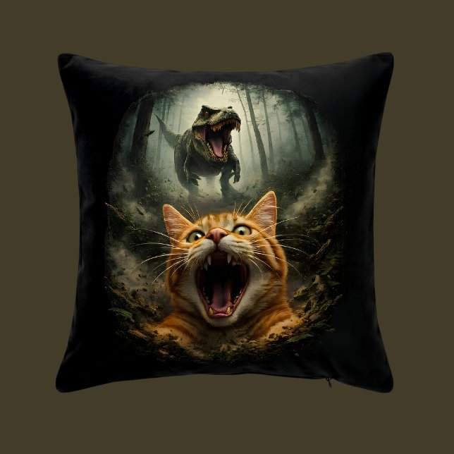 Funny Dinosaur Roaring T-Rex & Screaming Cat  Cushion (Creator Uploaded)