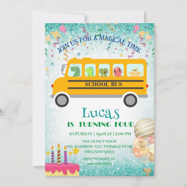 Funny dinosaur school Bus Birthday party DIY Name Invitation (Front)