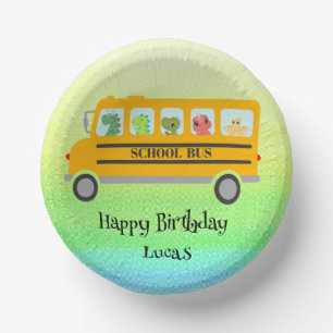 Funny dinosaur school Bus Birthday party DIY Name Paper Plate