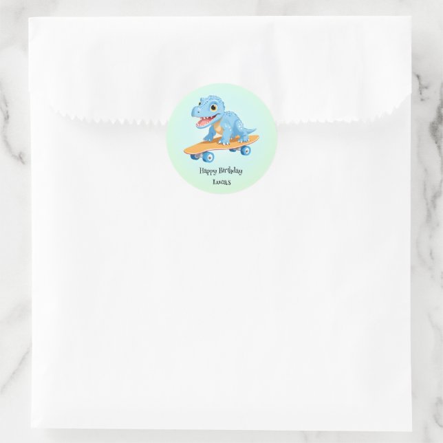 Funny dinosaur Skateboard Birthday party boys Classic Round Sticker (Bag)