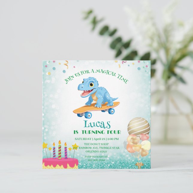 Funny dinosaur Skateboard Birthday party boys Invitation (Standing Front)