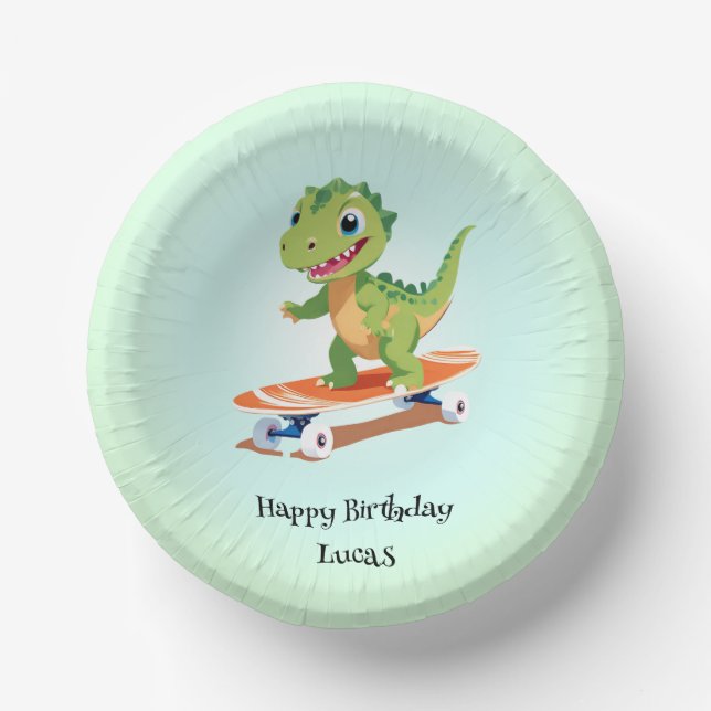 Funny dinosaur Skateboard Birthday party boys Paper Plate (Front)