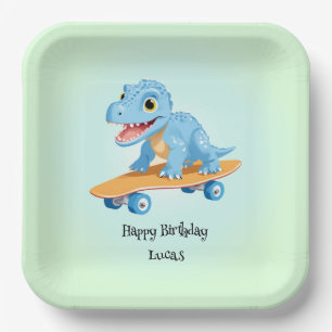 Funny dinosaur Skateboard Birthday party DIY Name Paper Plate
