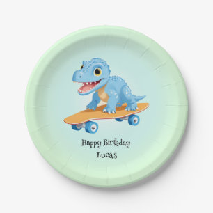 Funny dinosaur Skateboard Birthday party DIY Name Paper Plate