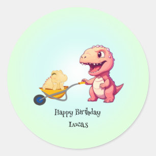 Funny dinosaur straw cart Birthday boys party Classic Round Sticker