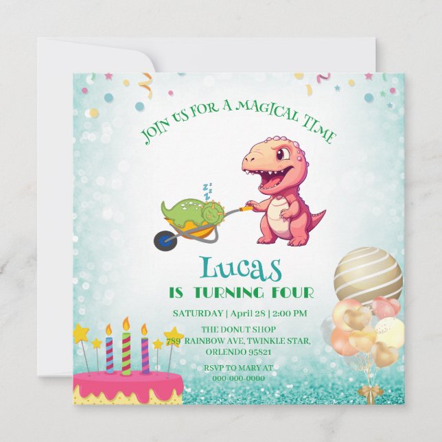 Funny dinosaur straw cart Birthday boys party  Invitation (Front)