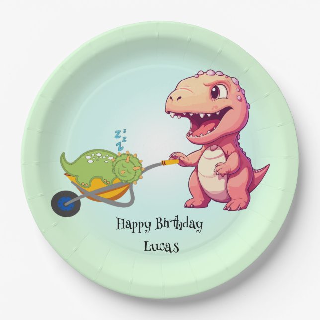 Funny dinosaur straw cart Birthday boys party  Paper Plate (Front)