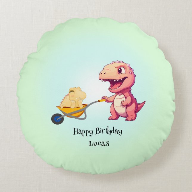 Funny dinosaur straw cart Birthday boys party  Round Cushion (Front)