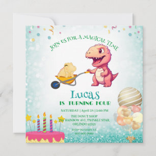 Funny dinosaur straw cart Birthday party DIY Name Invitation
