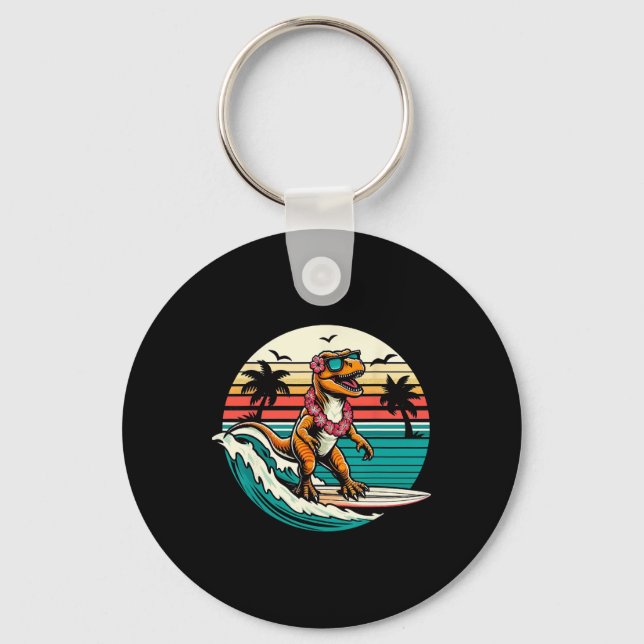Funny Dinosaur Surfboard Beach Summer Surfing Trex Key Ring (Front)