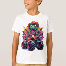 Funny Dinosaur T Rex On Monster Truck T-Shirt