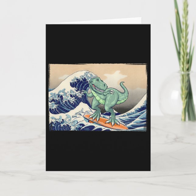 Funny Dinosaur, T Rex Surfing, Dinosaur Art, Dinos Card (Front)