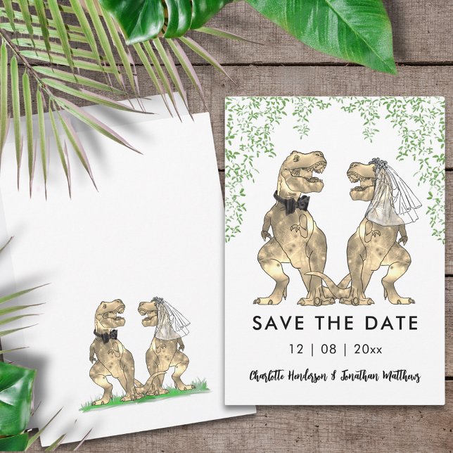 Funny Dinosaur Themed Wedding Save The Date (Funny dinosaur themed wedding save the date invitation with T-Rex bride and groom Jurassic foliage )