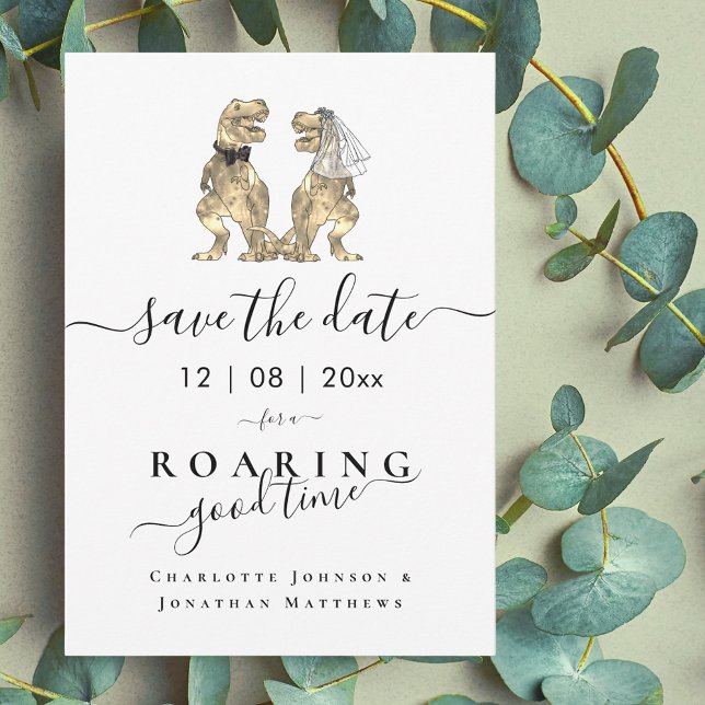 Funny Dinosaur Themed Wedding Save The Date (Funny dinosaur wedding save the date T-Rex bride and groom dino elegant script)