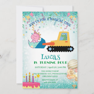 Funny dinosaur tractor Birthday party DIY Name Holiday Card