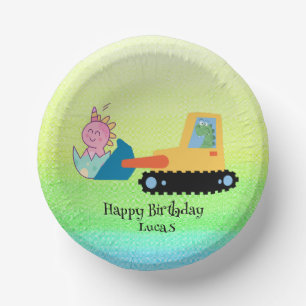 Funny dinosaur tractor Birthday party DIY Name Paper Plate