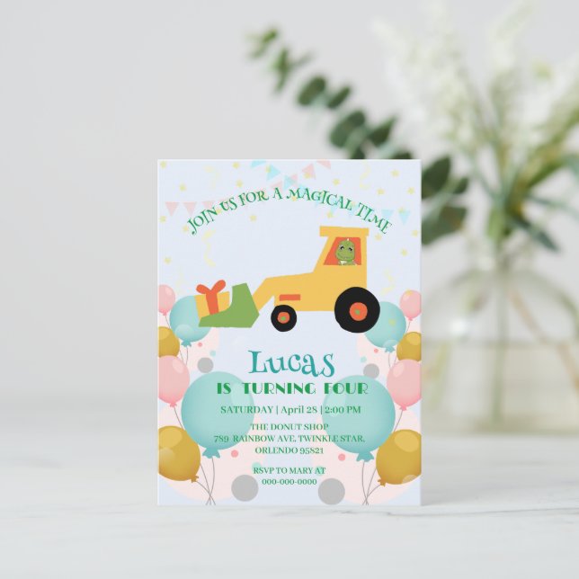 Funny dinosaur tractor Birthday party DIY Name Postcard (Standing Front)