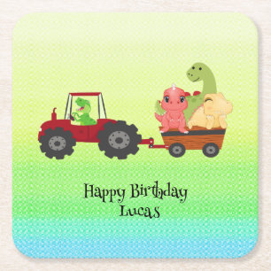 Funny dinosaur tractor Birthday party DIY Name Square Paper Coaster