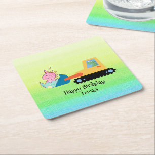 Funny dinosaur tractor Birthday party DIY Name Square Paper Coaster