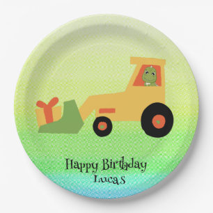 Funny dinosaur tractor truck Birthday party boys Paper Plate