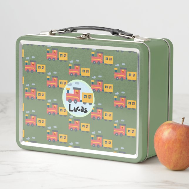 Funny dinosaur train truck boy Back to School name Metal Lunch Box (In Situ)