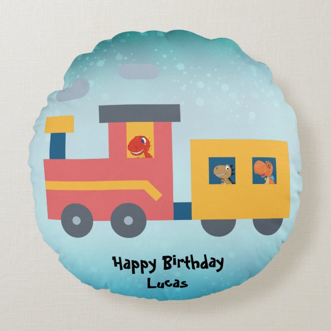 Funny dinosaur train truck boy School Birthday Round Cushion (Front)