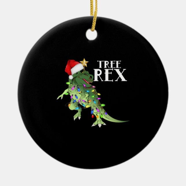 FUNNY DINOSAUR TREE REX WITH CHRISTMAS LIGHTS T-SH CERAMIC ORNAMENT (Front)