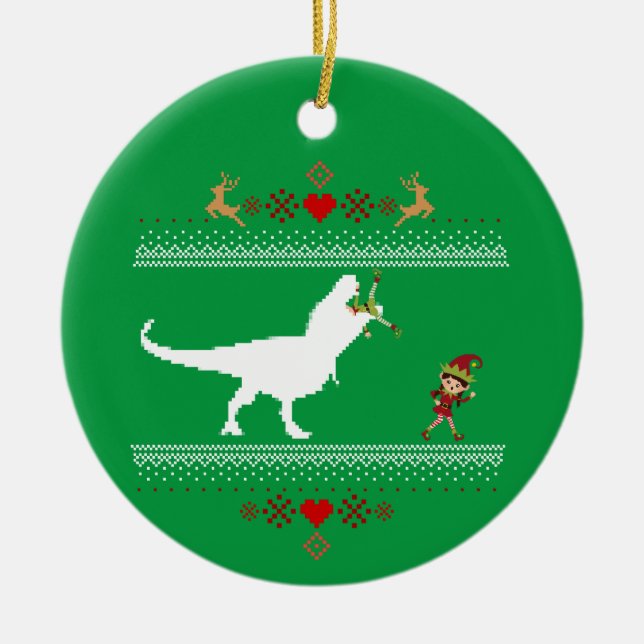 Funny Dinosaur Ugly Sweater Elf T-rex Ceramic Ornament (Front)