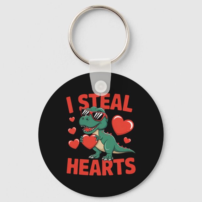 Funny Dinosaur Valentine Design With Hearts  Key Ring (Front)