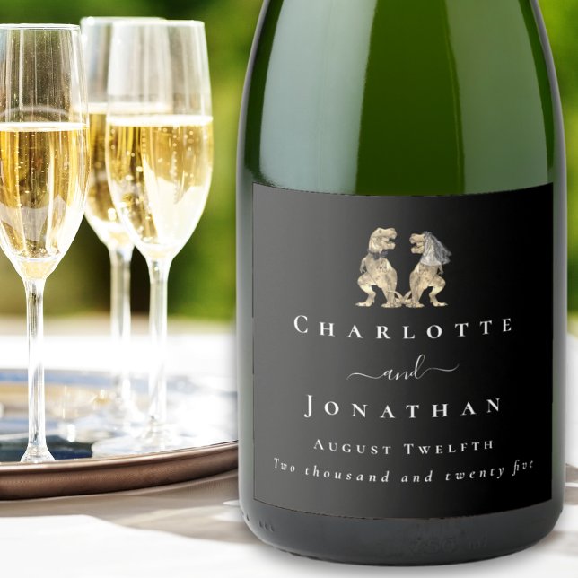 Funny Dinosaur Wedding Black & White Custom Sparkling Wine Label (Dinosaur wedding funny T-Rex bride & groom elegant Modern script custom black & white wine labels)
