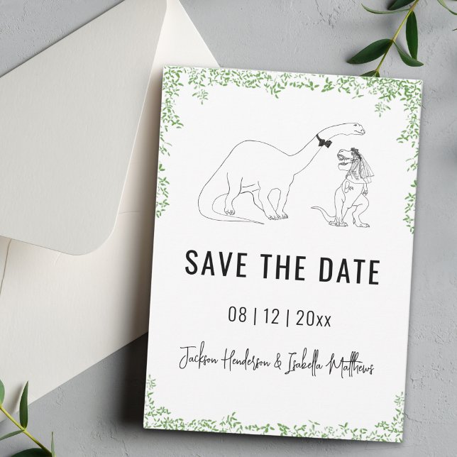 Funny Dinosaur Wedding Green Save The Date (funny dinosaur wedding save the date T-Rex bride brontosaurus groom line art drawing )